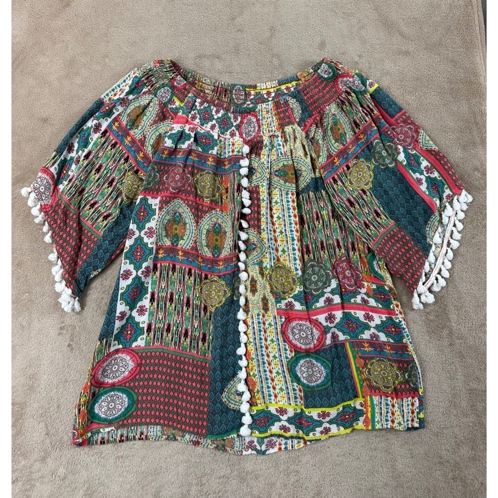 Soft Surroundings Boho Top Size PXL Tropical Multicolorβ Peasant patchwork EUC